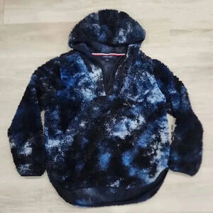 Tommy Hilfiger Womens Teddy Fleece Tie Dye  Flag Logo 1/2 Zip Hoodie Navy Medium